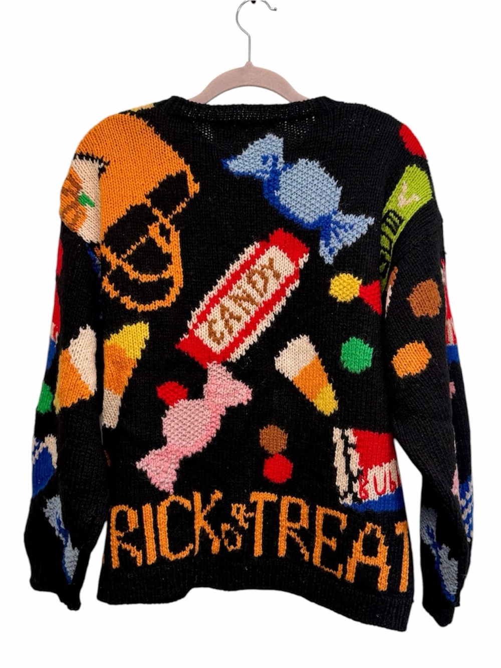 Vintage hand knit wool Halloween Trick-or-Treat cardigan sweater, Medium/Large